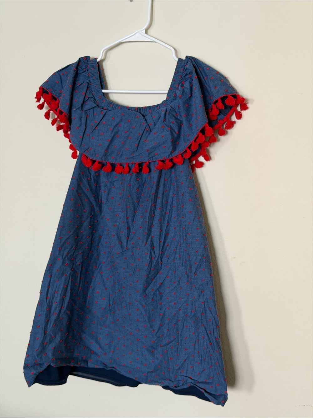 cooper & ella Navy Dress with Red Pom Trim